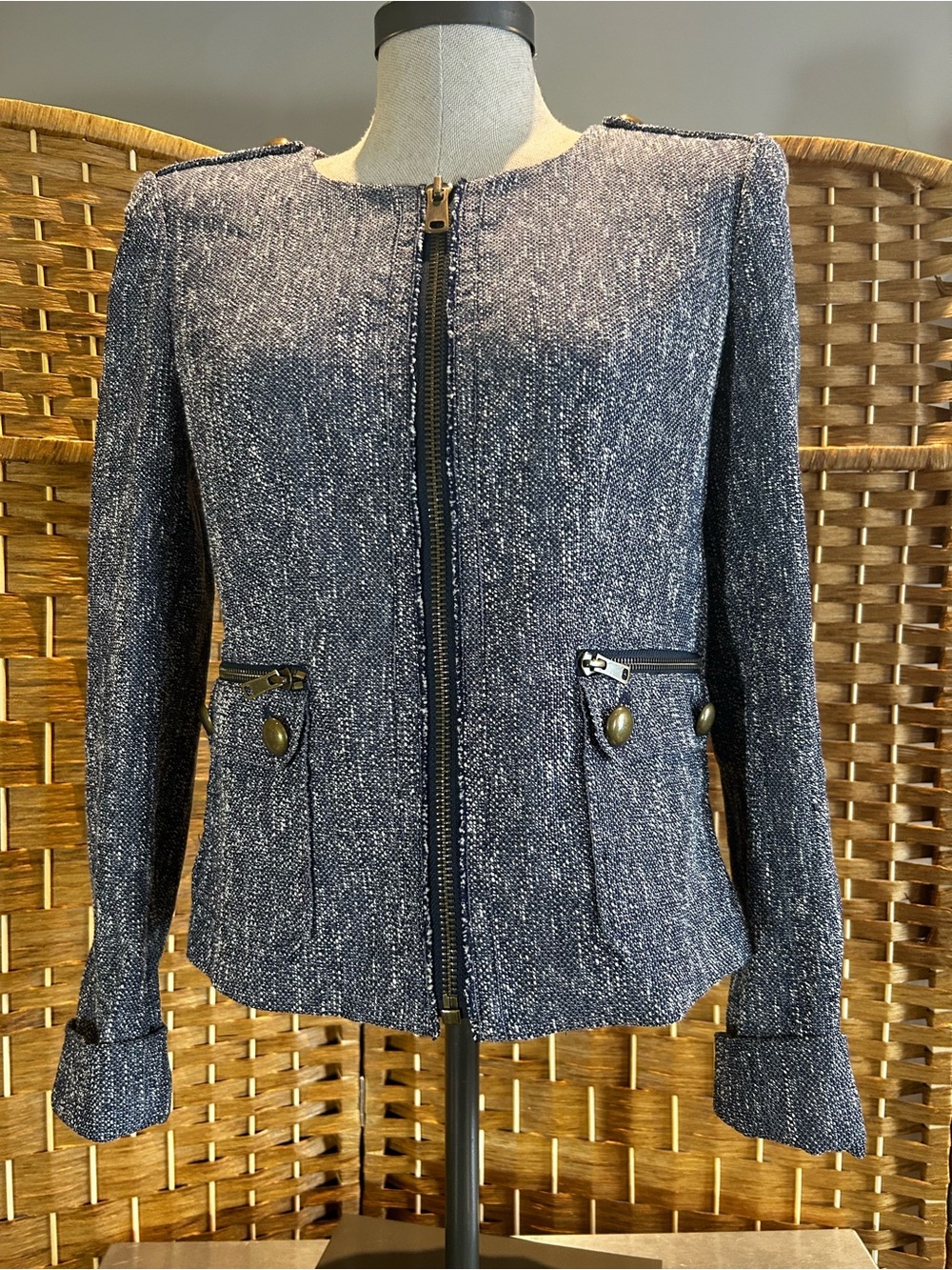 Ann Taylor Tweed Zip Front Jacket Size 4 Navy White Career Military Chic NWT
